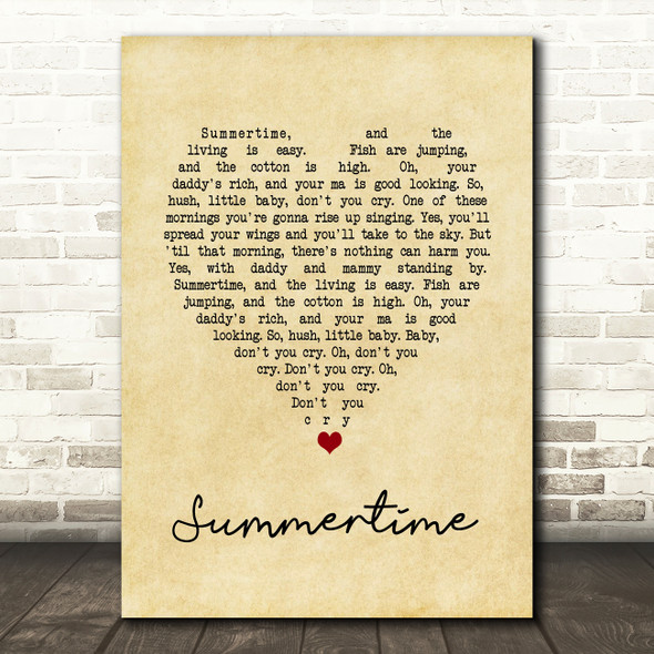 Ella Fitzgerald Summertime Vintage Heart Song Lyric Quote Music Poster Print