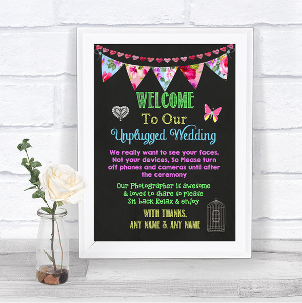 Bright Bunting Chalk No Phone Camera Unplugged Personalized Wedding Sign