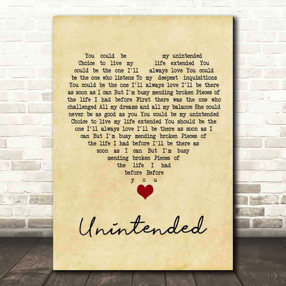 Muse Unintended Vintage Heart Song Lyric Quote Music Poster Print