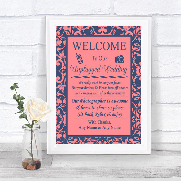 Coral Pink & Blue No Phone Camera Unplugged Personalized Wedding Sign