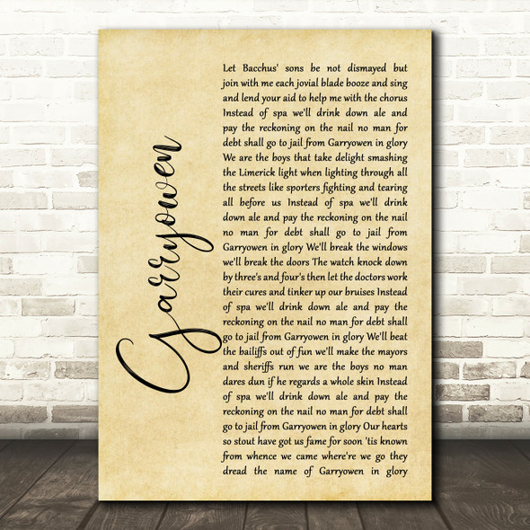 Irish Folk Song Garryowen Rustic Script Song Lyric Quote Music Poster Print