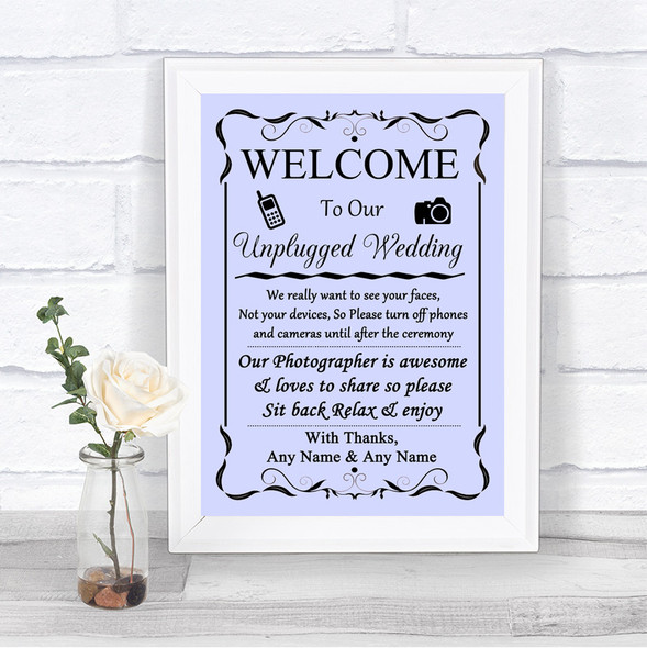 Lilac No Phone Camera Unplugged Personalized Wedding Sign