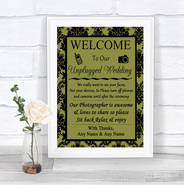 Olive Green Damask No Phone Camera Unplugged Personalized Wedding Sign