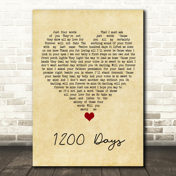 Eric Baker 1200 Days Vintage Heart Song Lyric Quote Music Poster Print