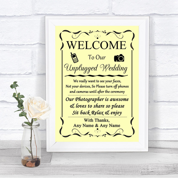 Yellow No Phone Camera Unplugged Personalized Wedding Sign