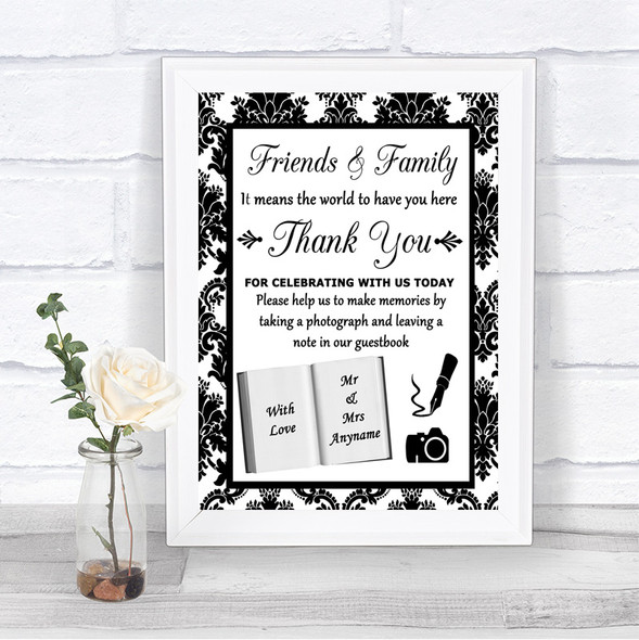 Black & White Damask Photo Guestbook Friends & Family Personalized Wedding Sign