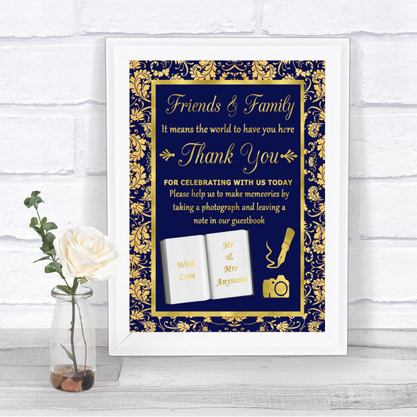 Blue & Gold Photo Guestbook Friends & Family Personalized Wedding Sign