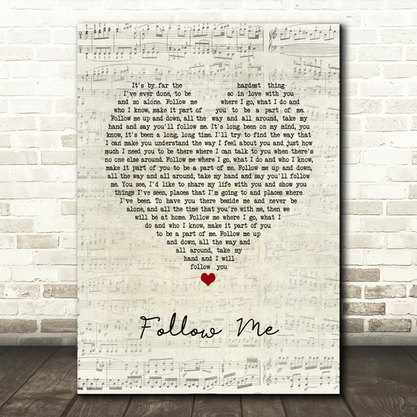 John Denver Follow Me Script Heart Song Lyric Quote Music Poster Print