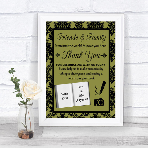 Olive Green Damask Photo Guestbook Friends & Family Personalized Wedding Sign