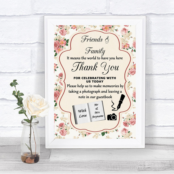 Vintage Roses Photo Guestbook Friends & Family Personalized Wedding Sign