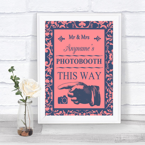 Coral Pink & Blue Photobooth This Way Left Personalized Wedding Sign