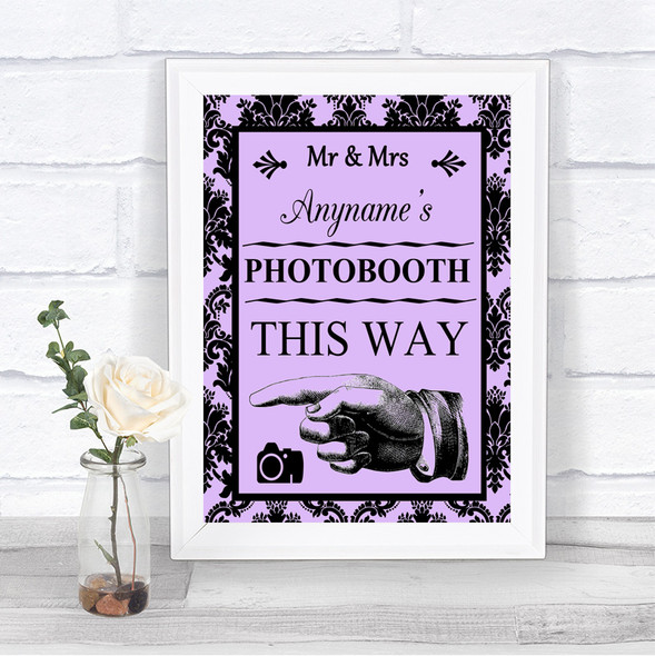 Lilac Damask Photobooth This Way Left Personalized Wedding Sign