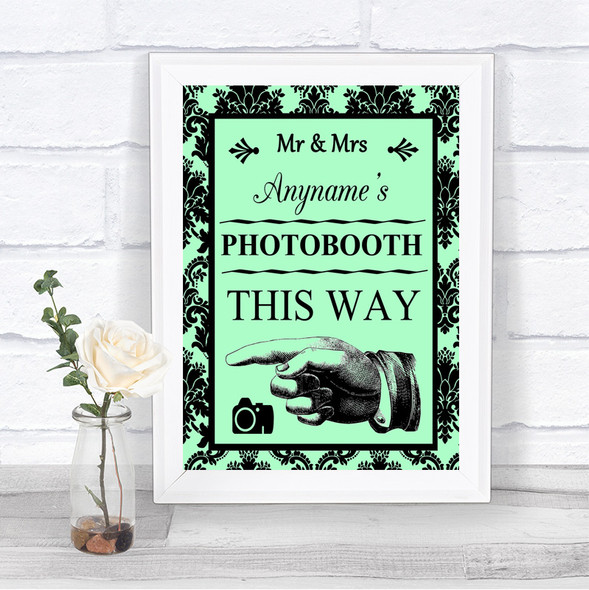 Mint Green Damask Photobooth This Way Left Personalized Wedding Sign