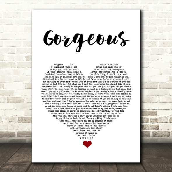 Taylor Swift Gorgeous White Heart Song Lyric Quote Music Poster Print