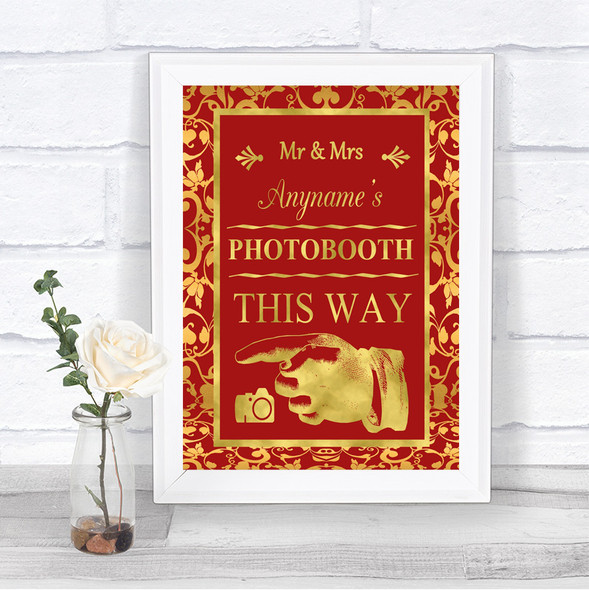 Red & Gold Photobooth This Way Left Personalized Wedding Sign