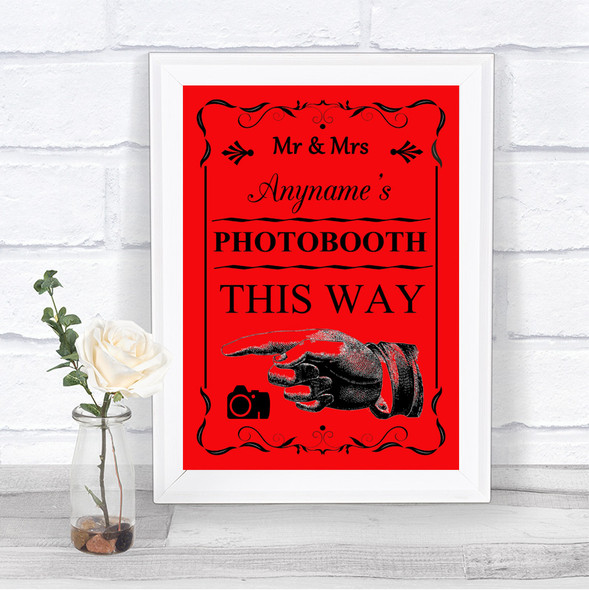 Red Photobooth This Way Left Personalized Wedding Sign