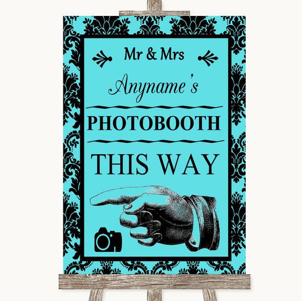 Tiffany Blue Damask Photobooth This Way Left Personalized Wedding Sign