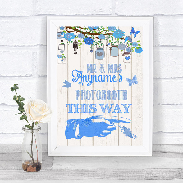 Blue Rustic Wood Photobooth This Way Right Personalized Wedding Sign