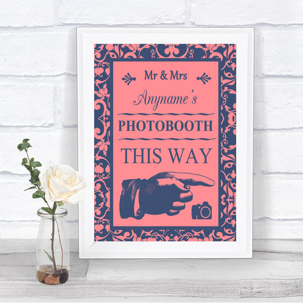 Coral Pink & Blue Photobooth This Way Right Personalized Wedding Sign