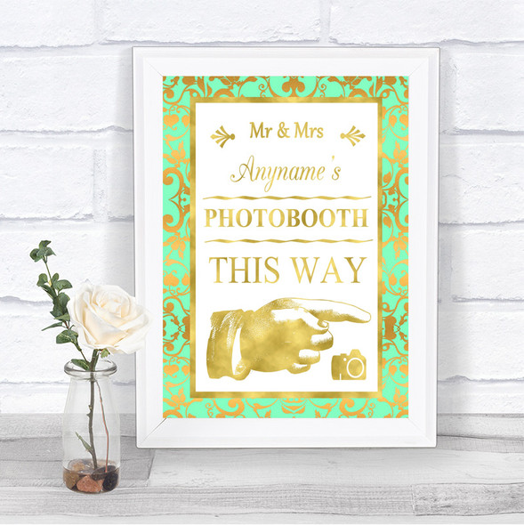 Mint Green & Gold Photobooth This Way Right Personalized Wedding Sign