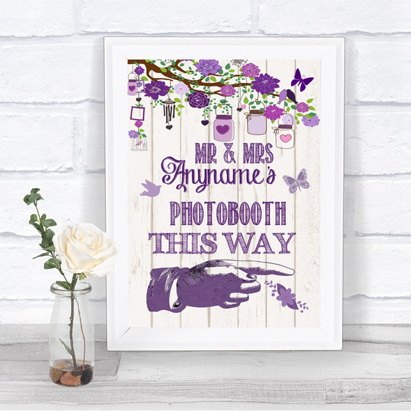 Purple Rustic Wood Photobooth This Way Right Personalized Wedding Sign