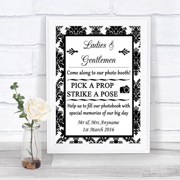 Black & White Damask Pick A Prop Photobooth Personalized Wedding Sign