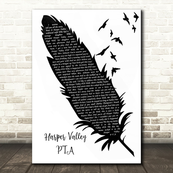 Jeannie C. Riley Harper Valley PTA Black & White Feather & Birds Song Lyric Wall Art Print