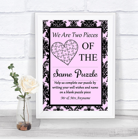 Baby Pink Damask Puzzle Piece Guest Book Personalized Wedding Sign