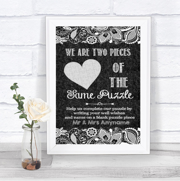 Dark Grey Burlap & Lace Puzzle Piece Guest Book Personalized Wedding Sign