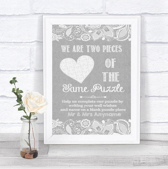 Grey Burlap & Lace Puzzle Piece Guest Book Personalized Wedding Sign