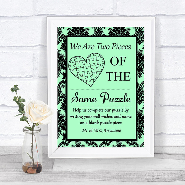 Mint Green Damask Puzzle Piece Guest Book Personalized Wedding Sign