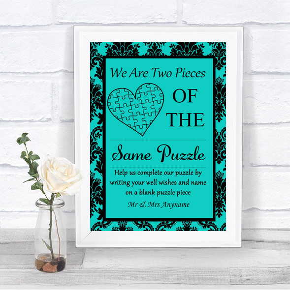 Turquoise Damask Puzzle Piece Guest Book Personalized Wedding Sign