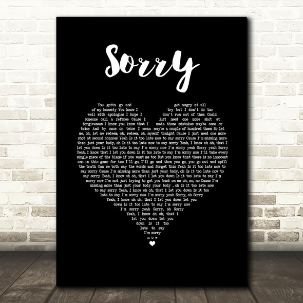 Justin Bieber Sorry Black Heart Song Lyric Wall Art Print