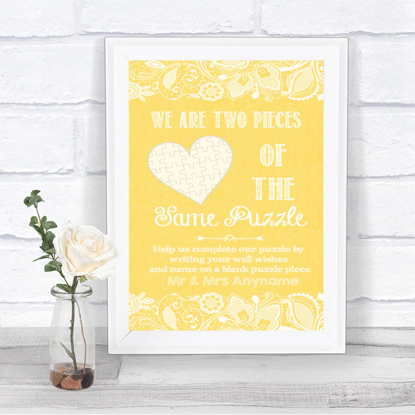 Yellow Burlap & Lace Puzzle Piece Guest Book Personalized Wedding Sign