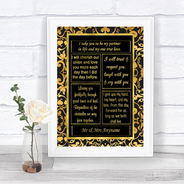 Black & Gold Damask Romantic Vows Personalized Wedding Sign