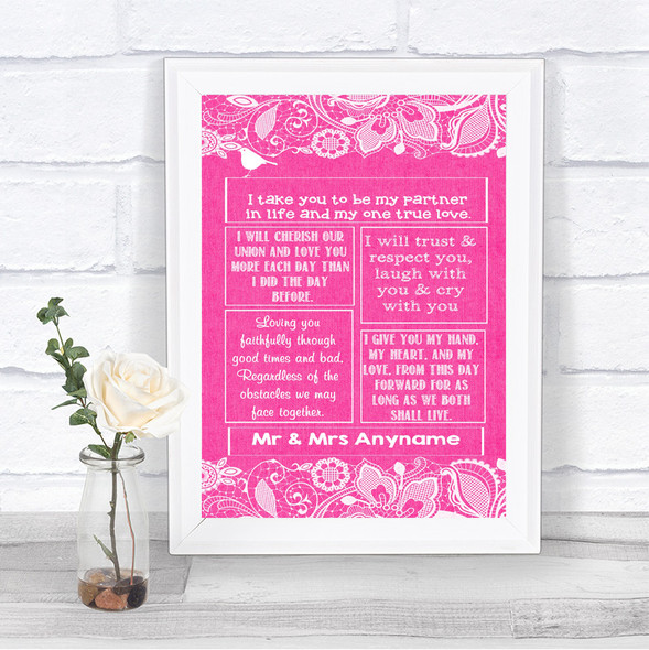 Bright Pink Burlap & Lace Romantic Vows Personalized Wedding Sign