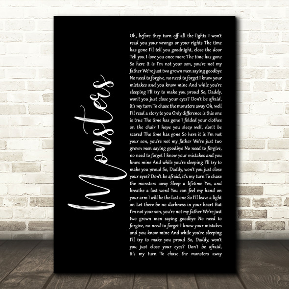 James Blunt Monsters Black Script Song Lyric Wall Art Print