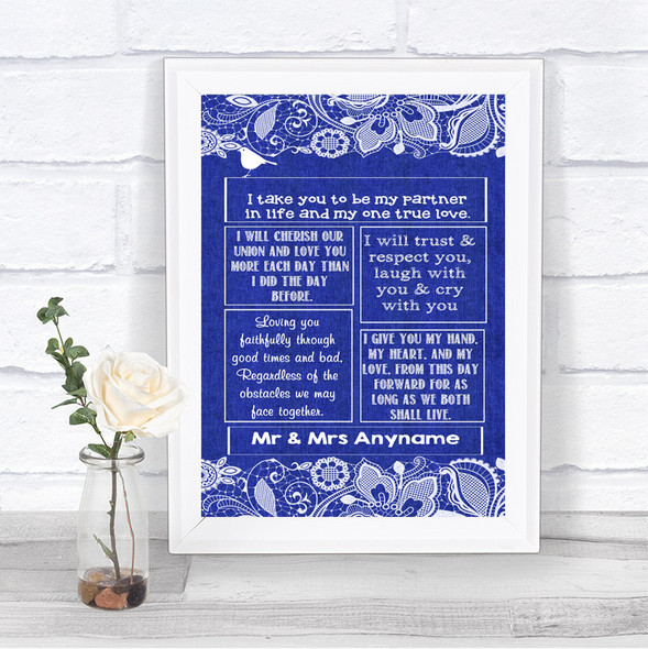 Navy Blue Burlap & Lace Romantic Vows Personalized Wedding Sign