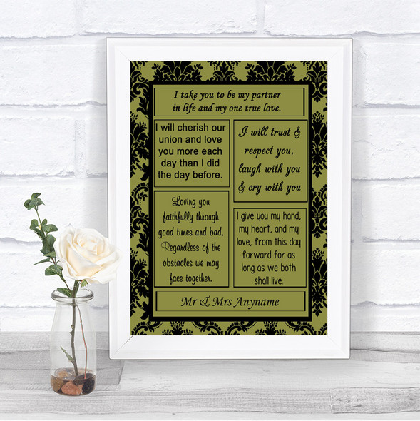Olive Green Damask Romantic Vows Personalized Wedding Sign