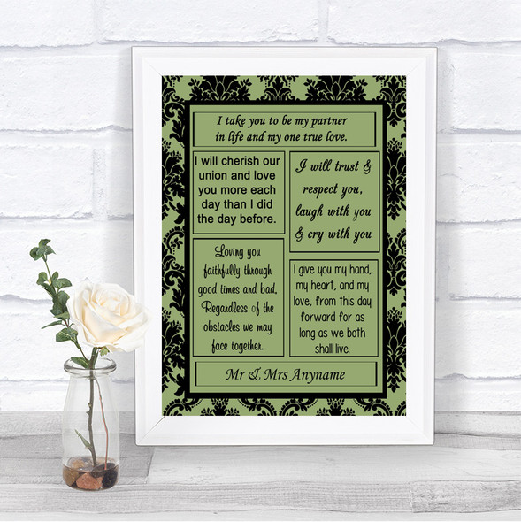 Sage Green Damask Romantic Vows Personalized Wedding Sign