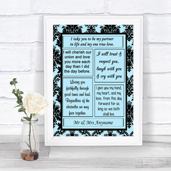 Sky Blue Damask Romantic Vows Personalized Wedding Sign