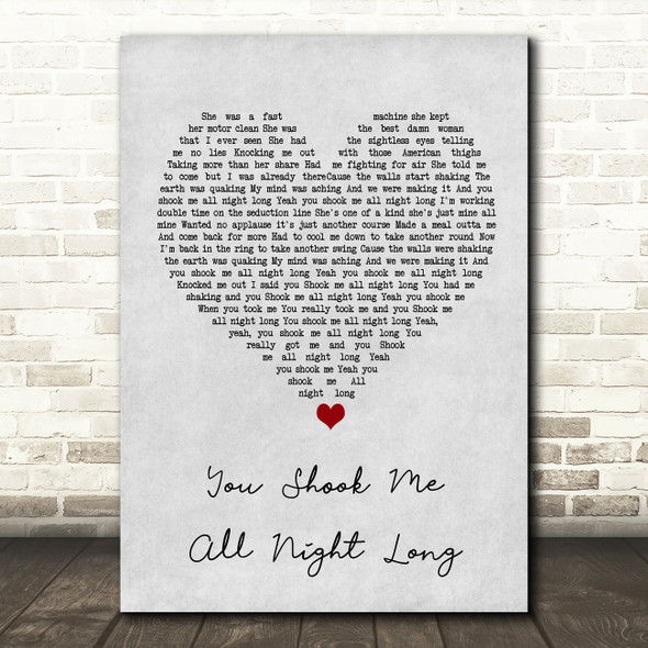 AC DC You Shook Me All Night Long Grey Heart Song Lyric Wall Art Print