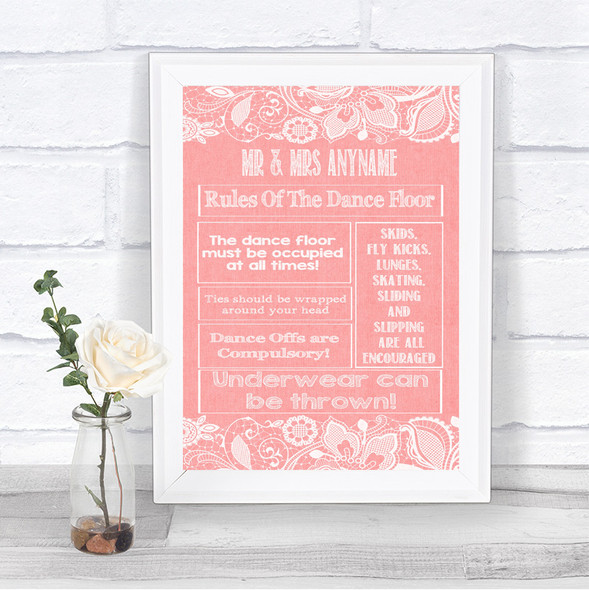 Coral Burlap & Lace Rules Of The Dance Floor Personalized Wedding Sign