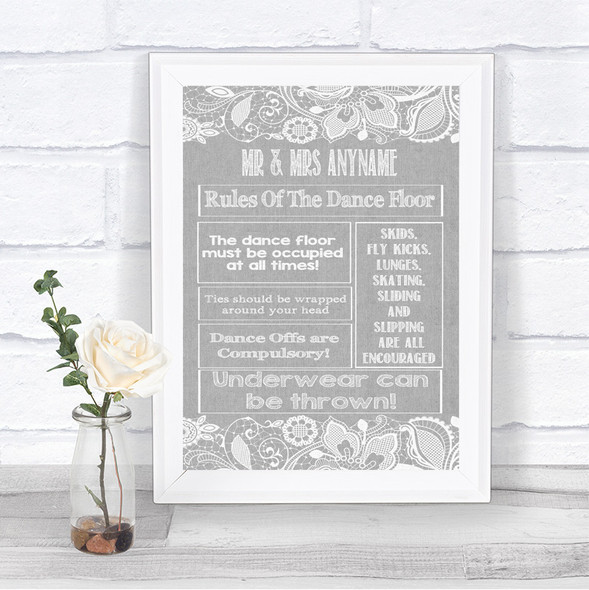 Grey Burlap & Lace Rules Of The Dance Floor Personalized Wedding Sign