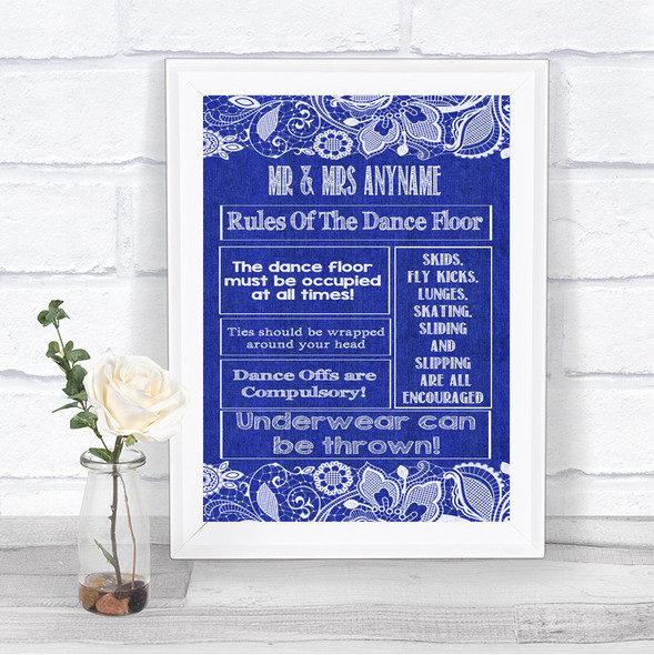Navy Blue Burlap & Lace Rules Of The Dance Floor Personalized Wedding Sign