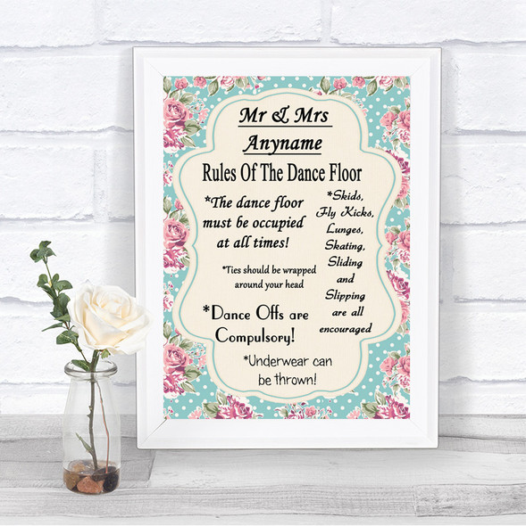 Vintage Shabby Chic Rose Rules Of The Dancefloor Personalized Wedding Sign