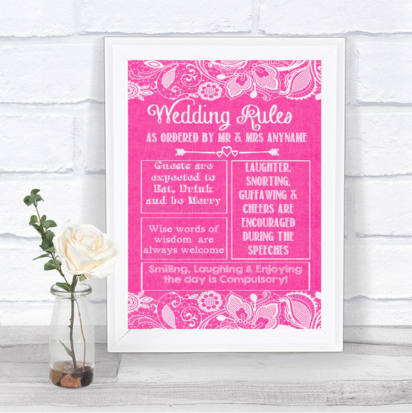 Bright Pink Burlap & Lace Rules Of The Wedding Personalized Wedding Sign