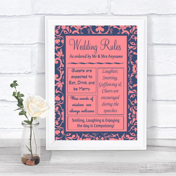 Coral Pink & Blue Rules Of The Wedding Personalized Wedding Sign