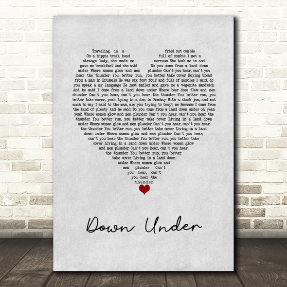 Men At Work Down Under Grey Heart Song Lyric Wall Art Print