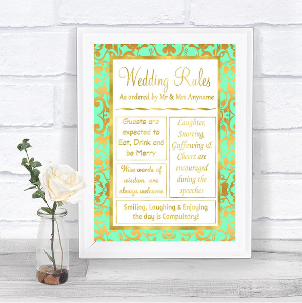 Mint Green & Gold Rules Of The Wedding Personalized Wedding Sign